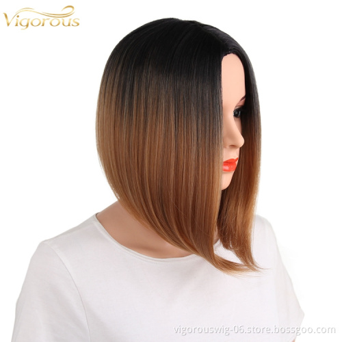 Short straight wavy ombre blonde hair vendor high quality premium wholesale synthetic heat resistant wig lace front black women
